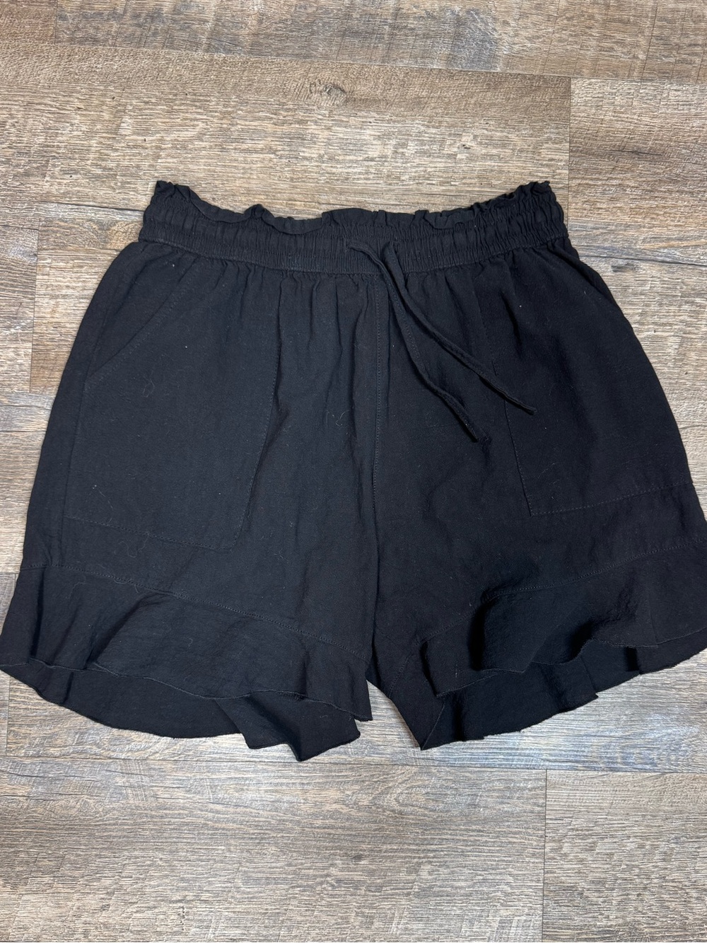Black Linen Blend Ruffle Hem Drawstring Shorts SZ M - Picture 6 of 15